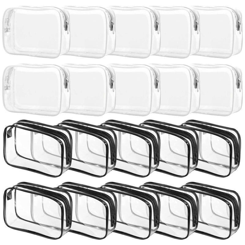 Tergy 20 Packs Clear Cosmetics Bags for Women Men Waterproof Toiletry Bags PVC Makeup Bags Organizer Case with Zipper for Travel Bathroom (Black&White) - Image 1